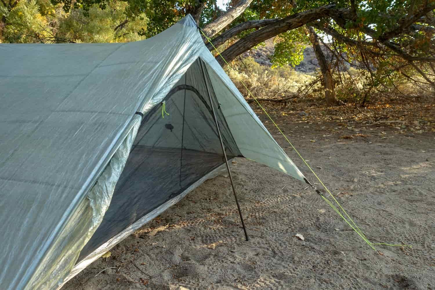 the door and trekking pole used to stake the triplex tent by zpacks