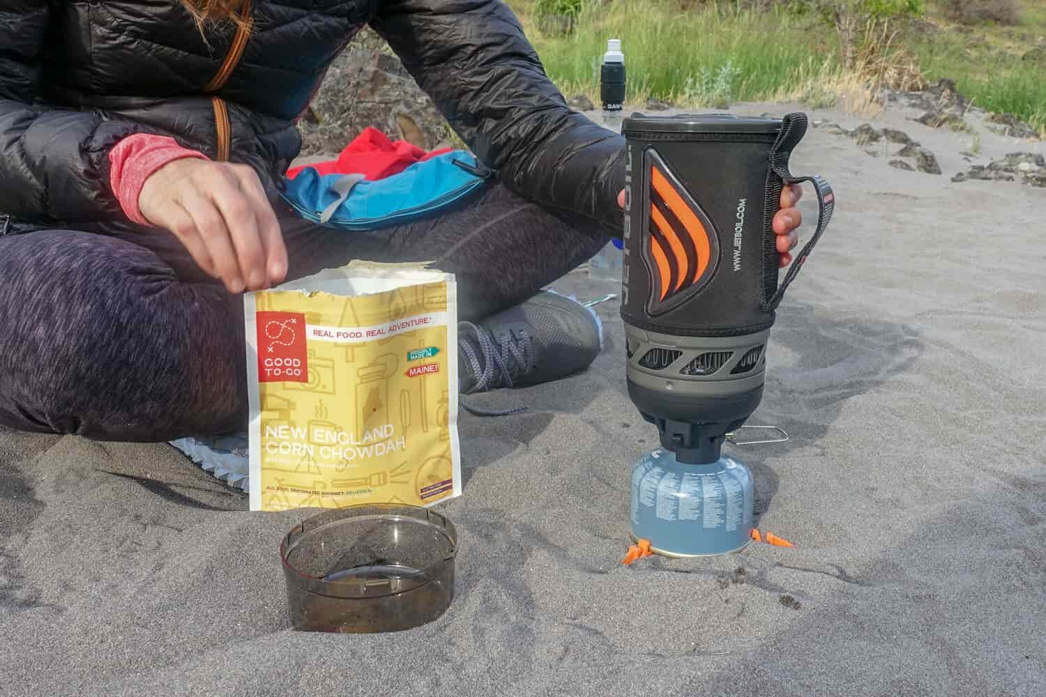 Boiling water in the Jetboil Flash for a well-deserved meal after a long day on the trail.