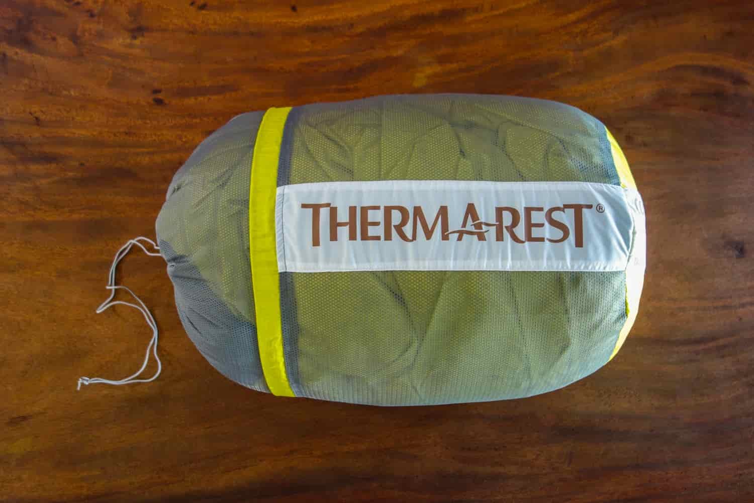 therm-a-rest sleeping back stored inside its included mesh storage sack