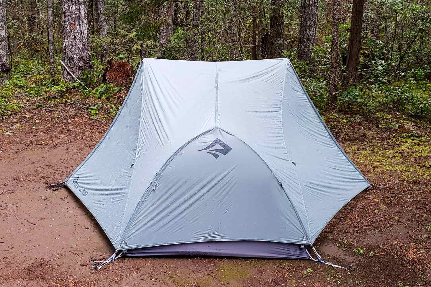 a sea to summit telos TR2 beading off the rain in camp