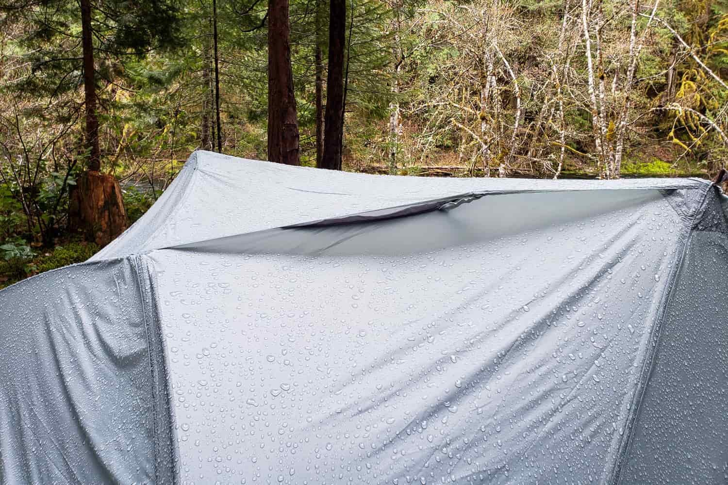 The sea to summit telos TR2 rainfly's venting system allows internal air to escape but keeps the rain out.
