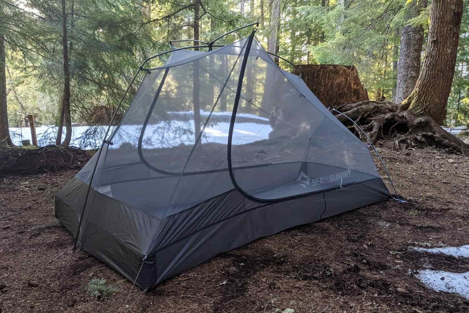 a sea to summit alto TR2 backpacking tent set up in a forested camp