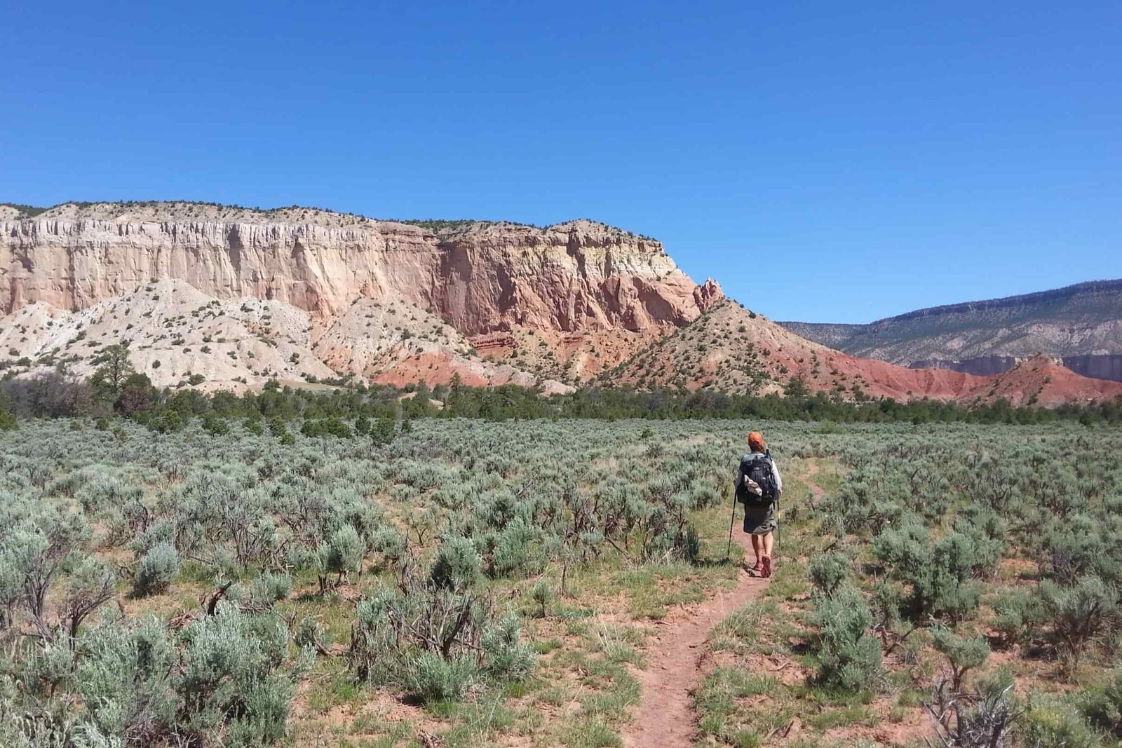 A hiker walks on a trail 1/3 of the way in from the right edge of the photography with the blue sky occupying the upper 1/3 of the photo