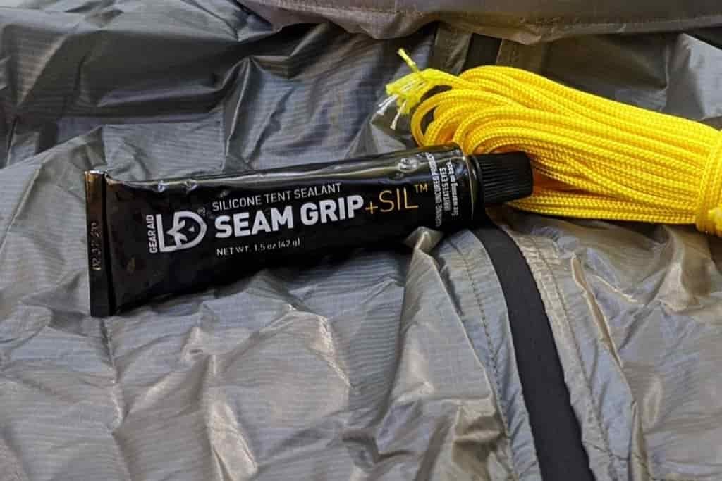 close up of sealant to repair a tent