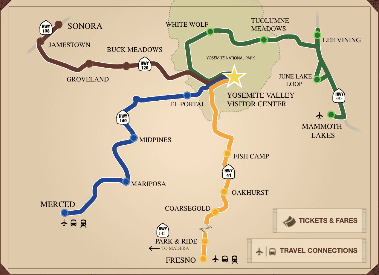 overview map of YARTS public transportations stops in the Sierra Nevada area.
