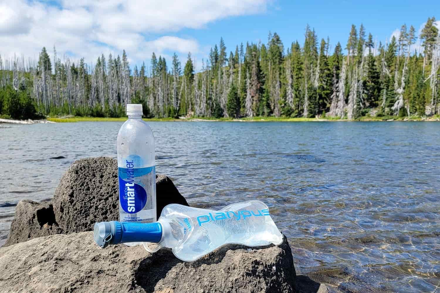 the quickdraw attached to a dirty water reservoir next to a smart water bottle on a rock beside a lake on a sunny day