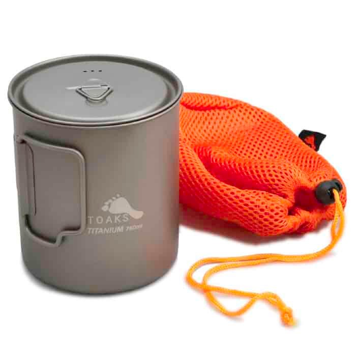 stock image of the toaks titanium 750 pot with a lid and storage sack