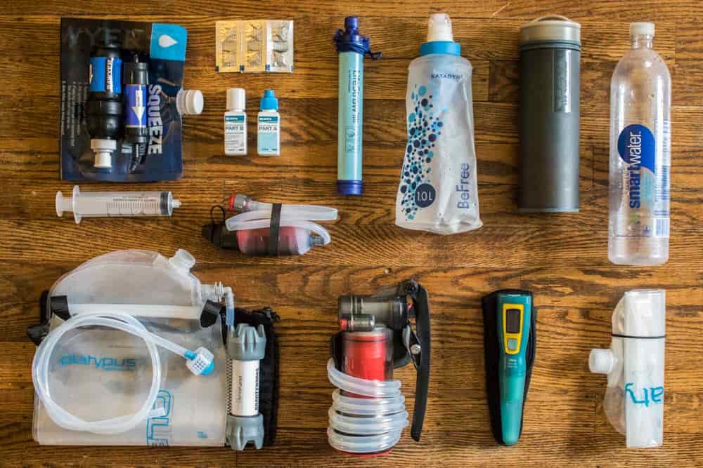 a display of all the choices of backpacking water filters