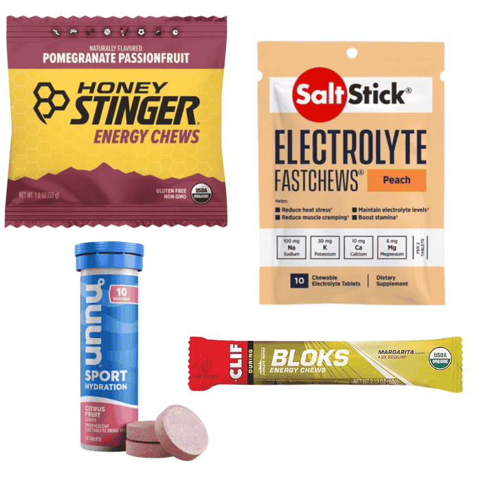 stock images of honey stinger energy chews and salt stick electrolyte fastchews, nuun sport hydration tablets and clif bloks packaging