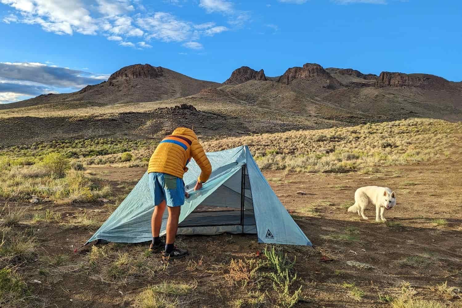 person setting up durston tent in a high desert with their dog