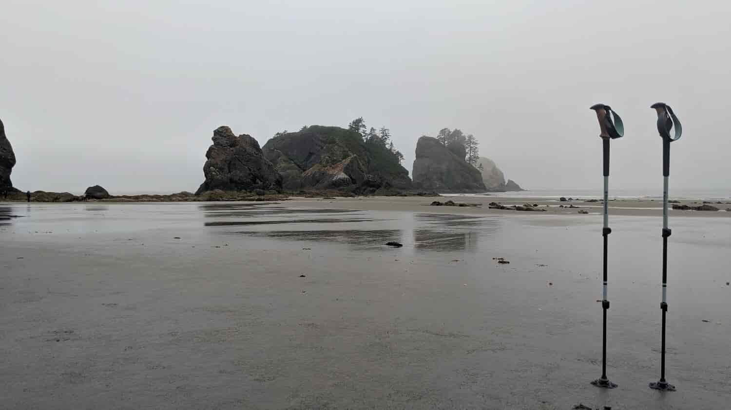 trekking poles suspended upright in the sand on the oregon coast.