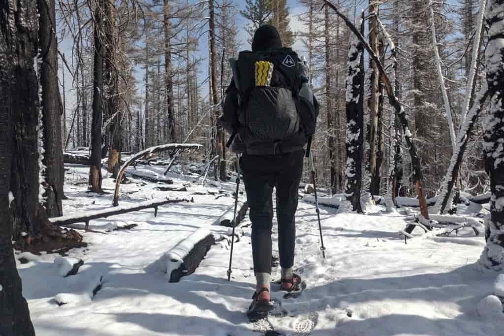 backpacker hiking through a light dusting a snow in a forest with trekking poles