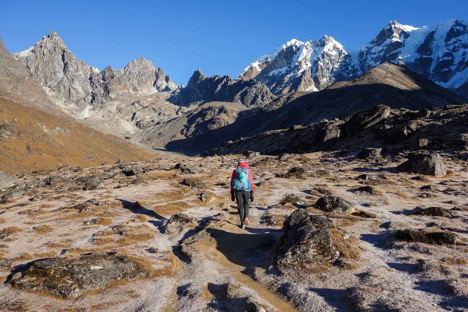 A solitary hiker walks across a rugged landscape in the direction of tall, snow-capped peaks
