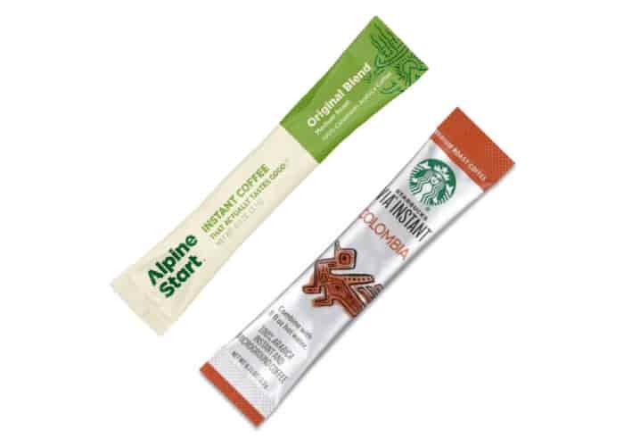 individual sleeves of instant coffee by alpine start and starbucks