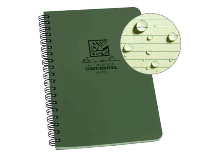 Rite in the Rain Notebook with a close up of the paper beading off water droplets.