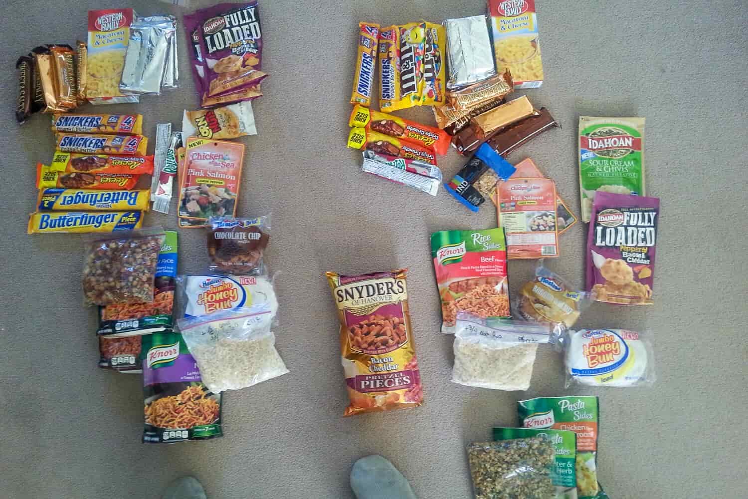 picture of packaged foods that a thru-hiker purchased at a convenience store.
