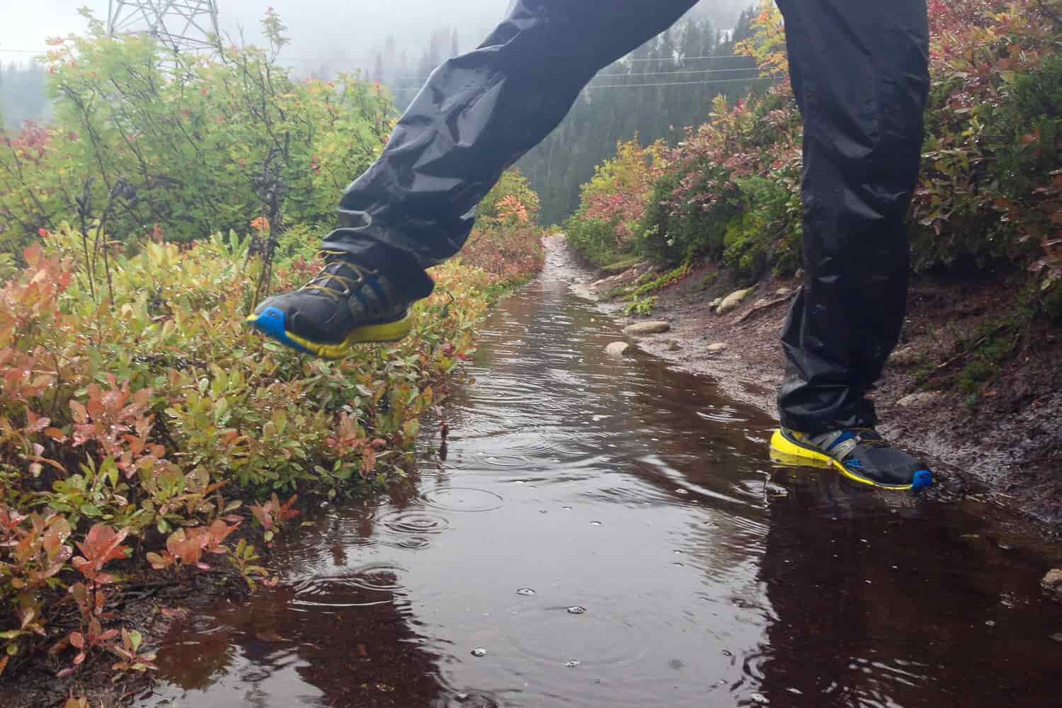 hikers legs avoiding a wet trail