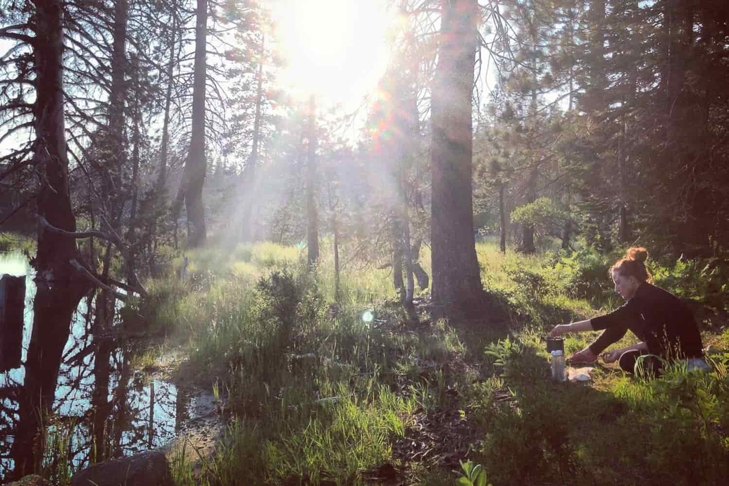 backpacker cooking a meal in the forest next to a lake.