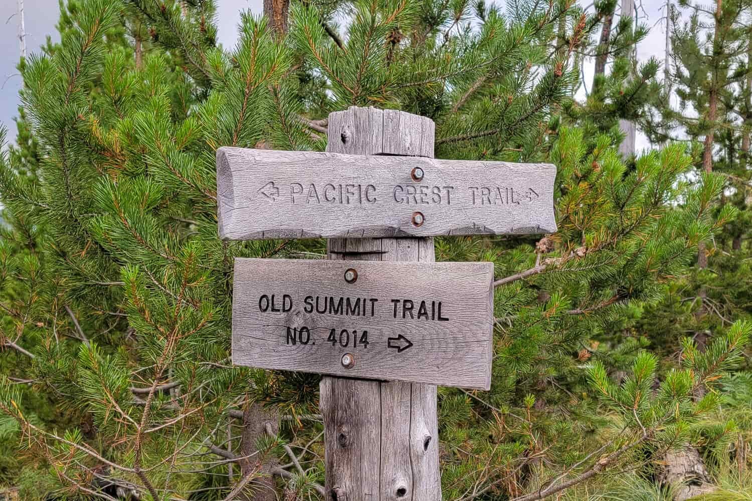 Sign on the three fingered jack backpacking loop where the old santiam road and PCT intersect