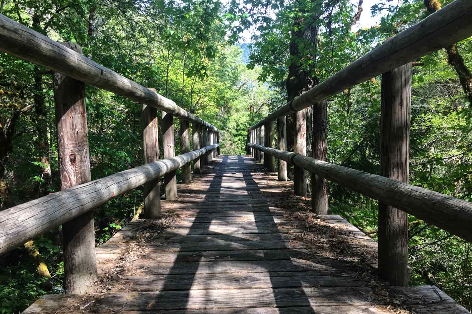 wooden footbridge crossing a river or stream on the Rogue River Recreation Trail