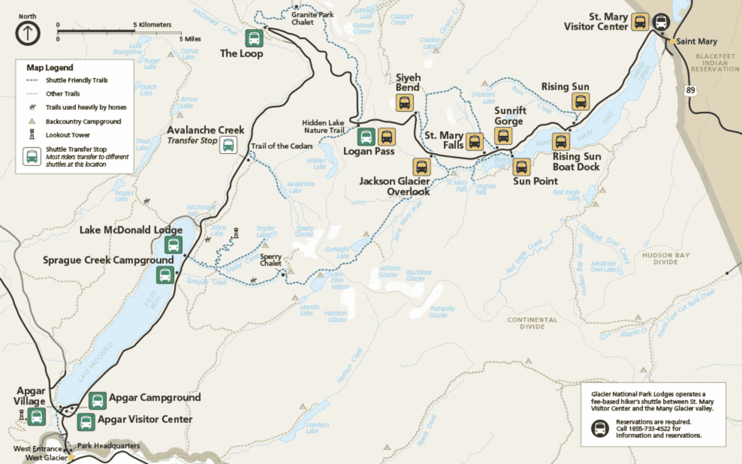 map of parking and bus stops in glacier national park