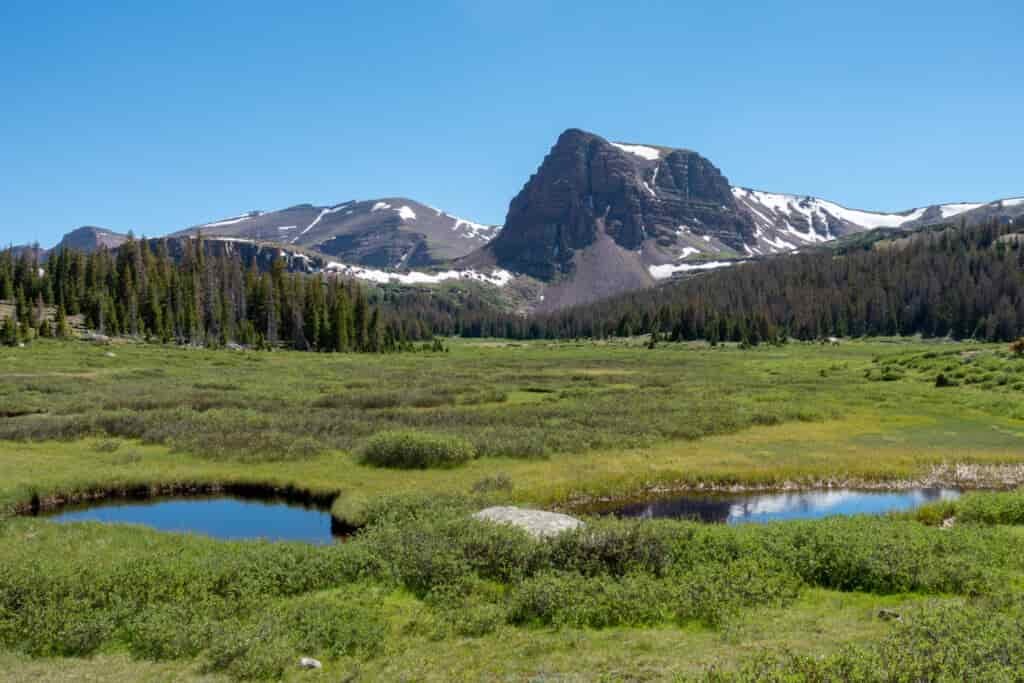 A scenic view of small mountain ponds in a flat green basin below the Uintas mountains