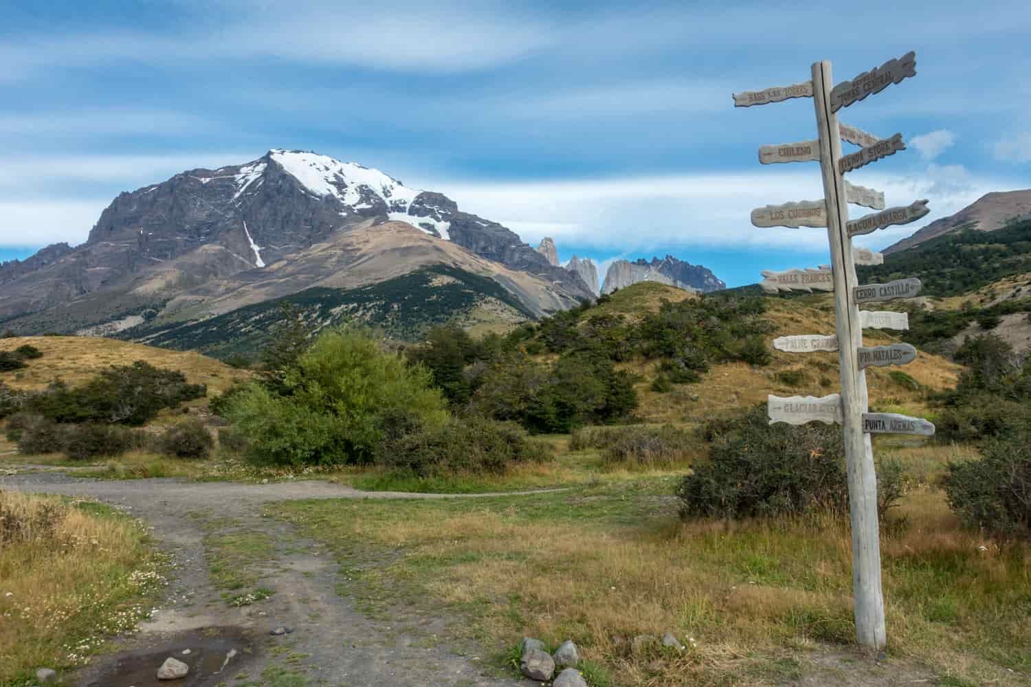 A post with arrows pointing toward sites along the Torres del Paine