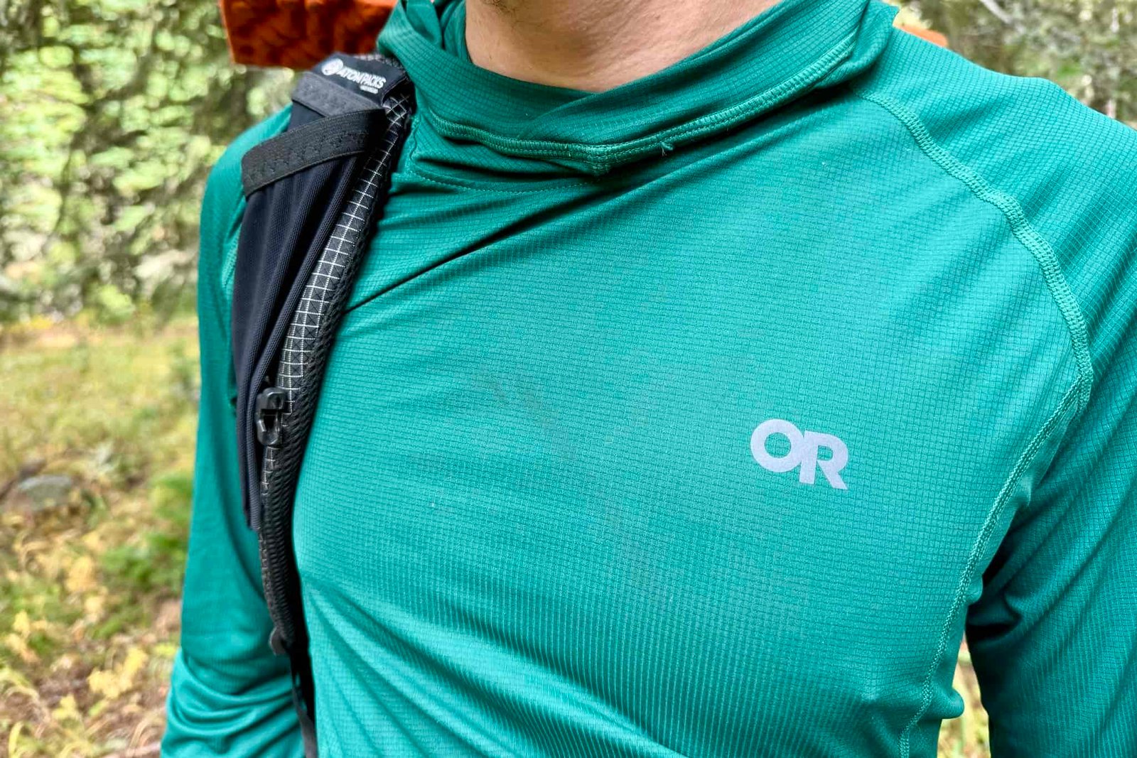 A chest up shot of a hiker wearing the Outdoor Research Echo Hoodie. A backpack strap is slung across his right shoulder.