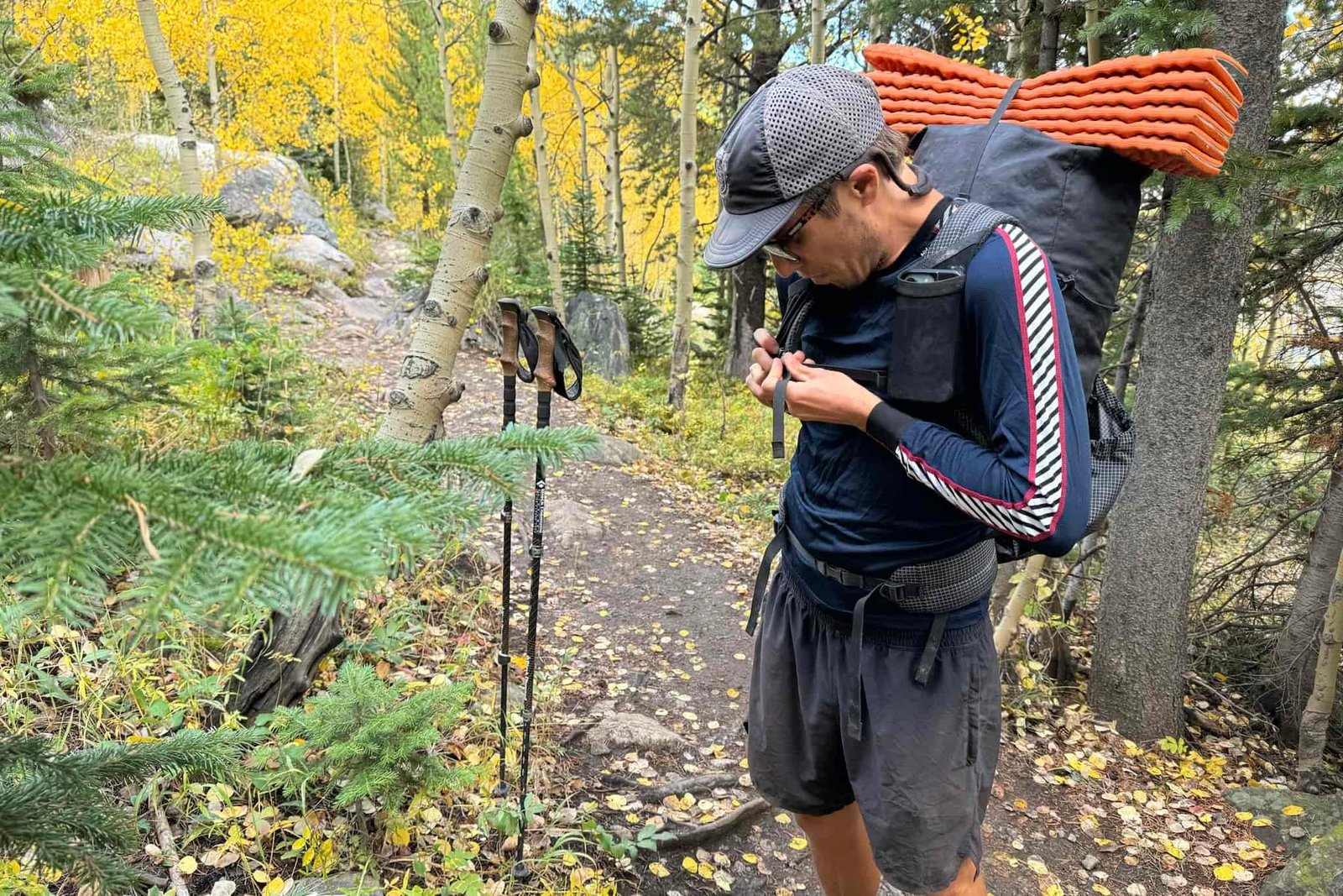 A hiker buckling the straps of his backpacking while wearing the Helly Hansen Lifa Stripe base layer. Trees and a trail are in the background.