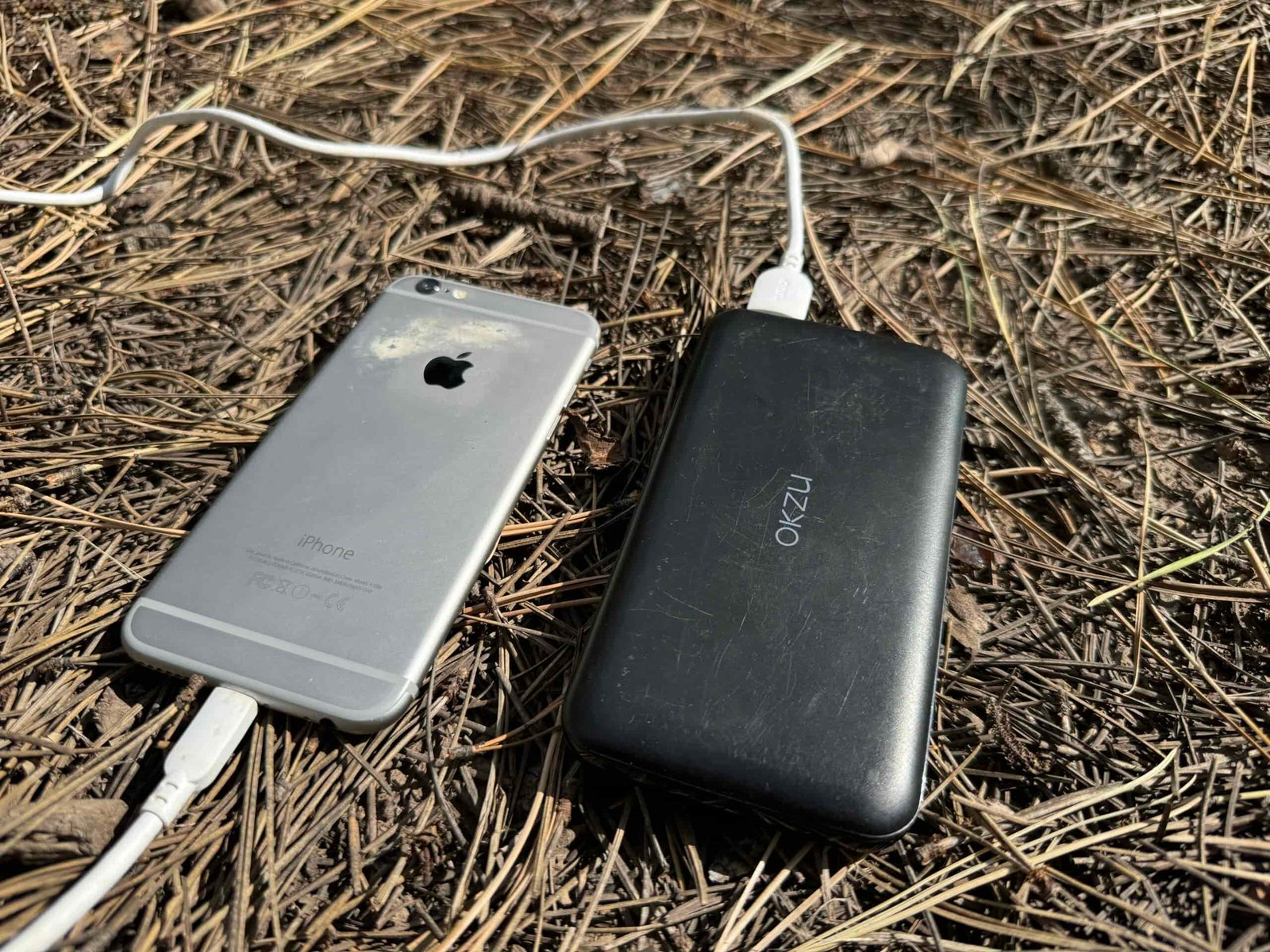 Close up of the OKZU power bank charging a phone and the Garmin Inreach while sitting on some pine needles.