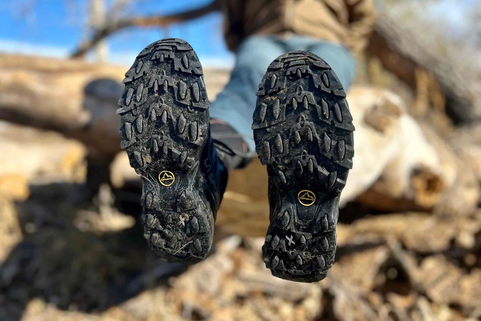 Close-up image of the traction on the bottom of a pair of boots.