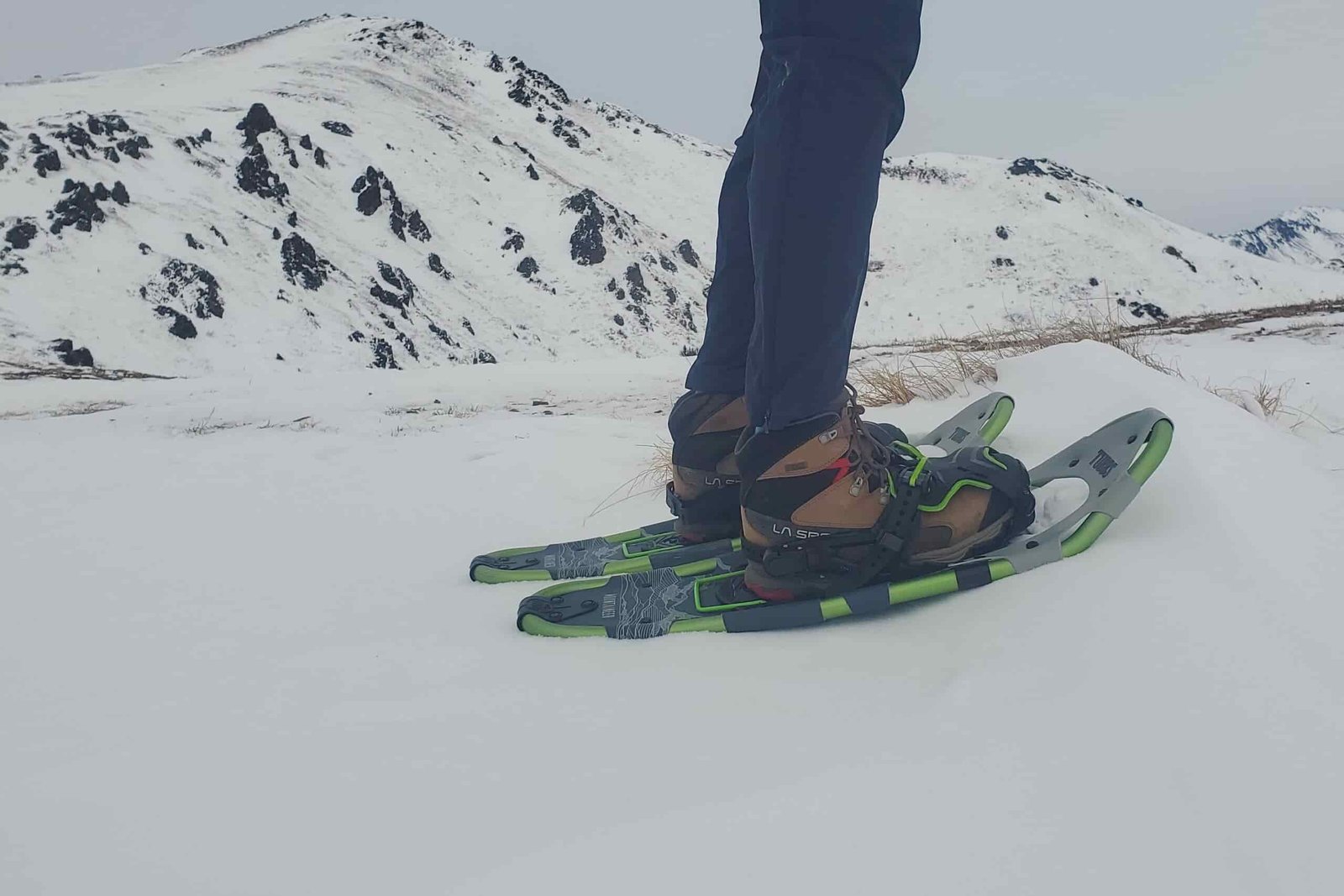 Snowshoes standing on a snowy mountainside
