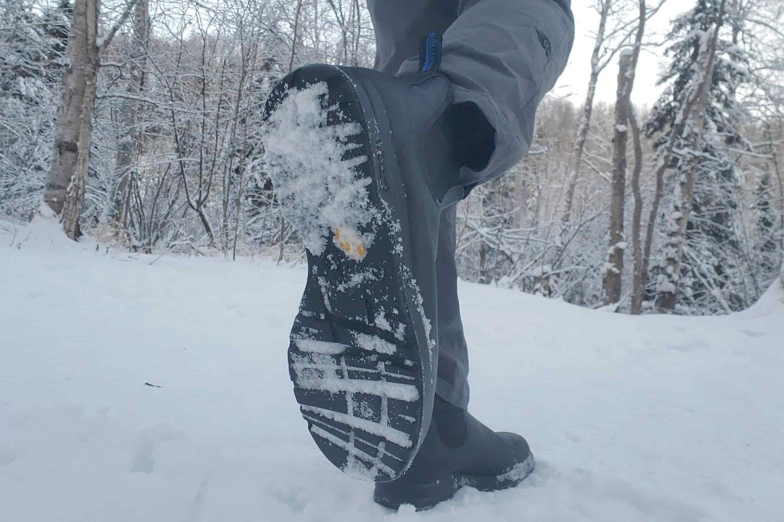 A detail shot of the tread of winter boots.