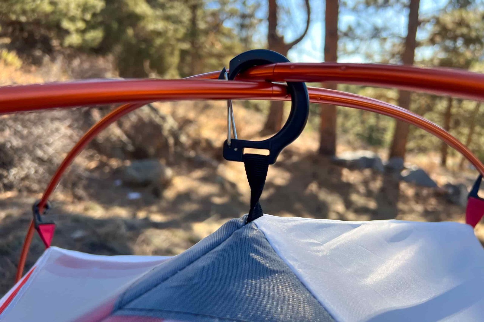 Close-up of the Alps Mountaineering Tasmanian 2's pole clip system showcasing its durable and user-friendly design.