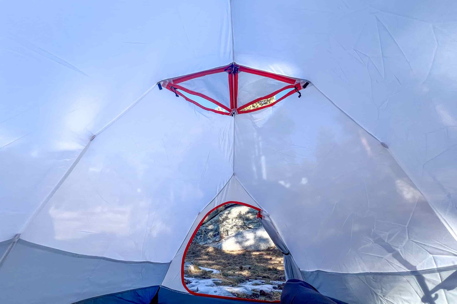 Inside view of the Alps Mountaineering Tasmanian 2 tent, showing its spacious interior with a venting system.