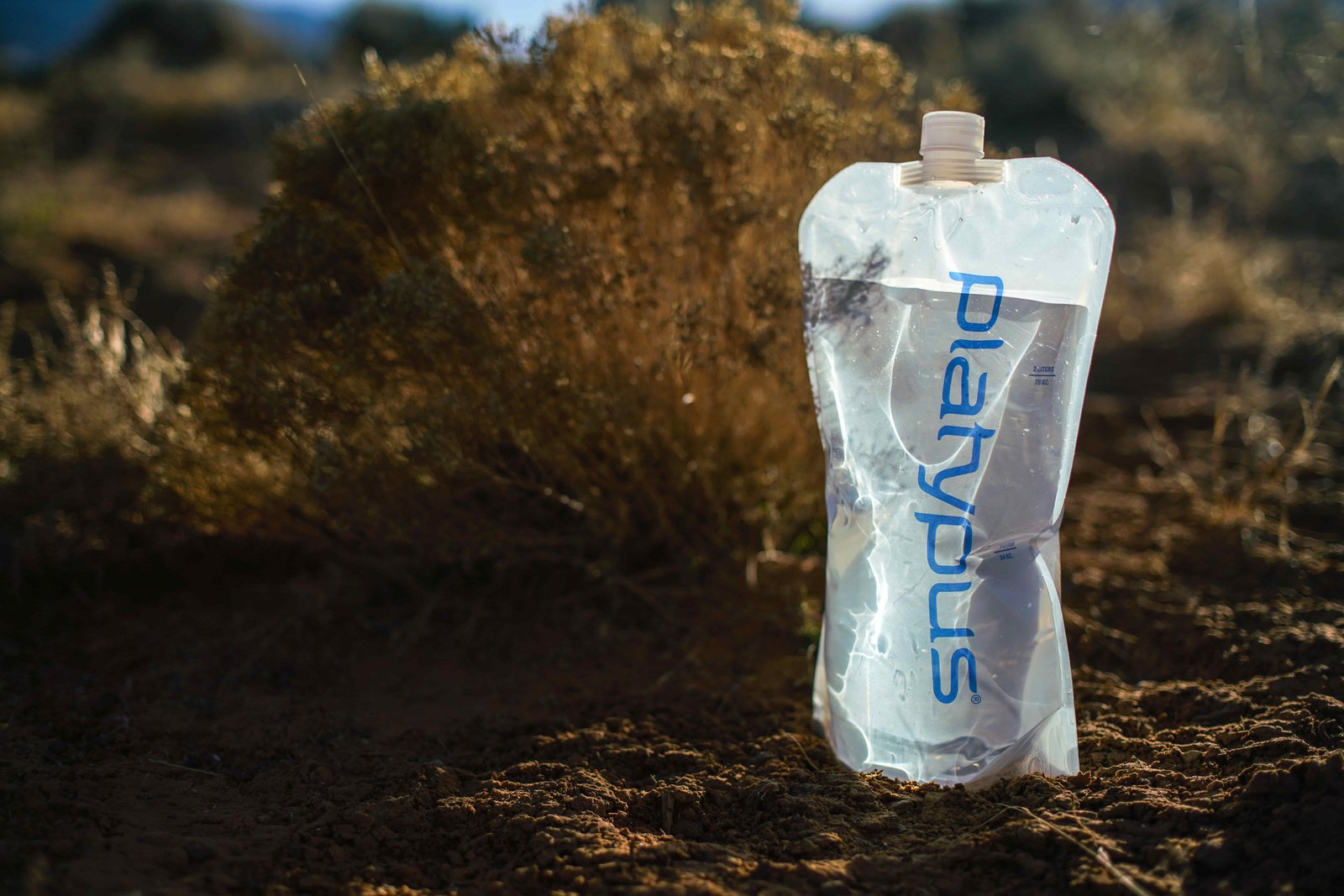The Platypus Platy Bottle sitting on the ground with a bush in the background.
