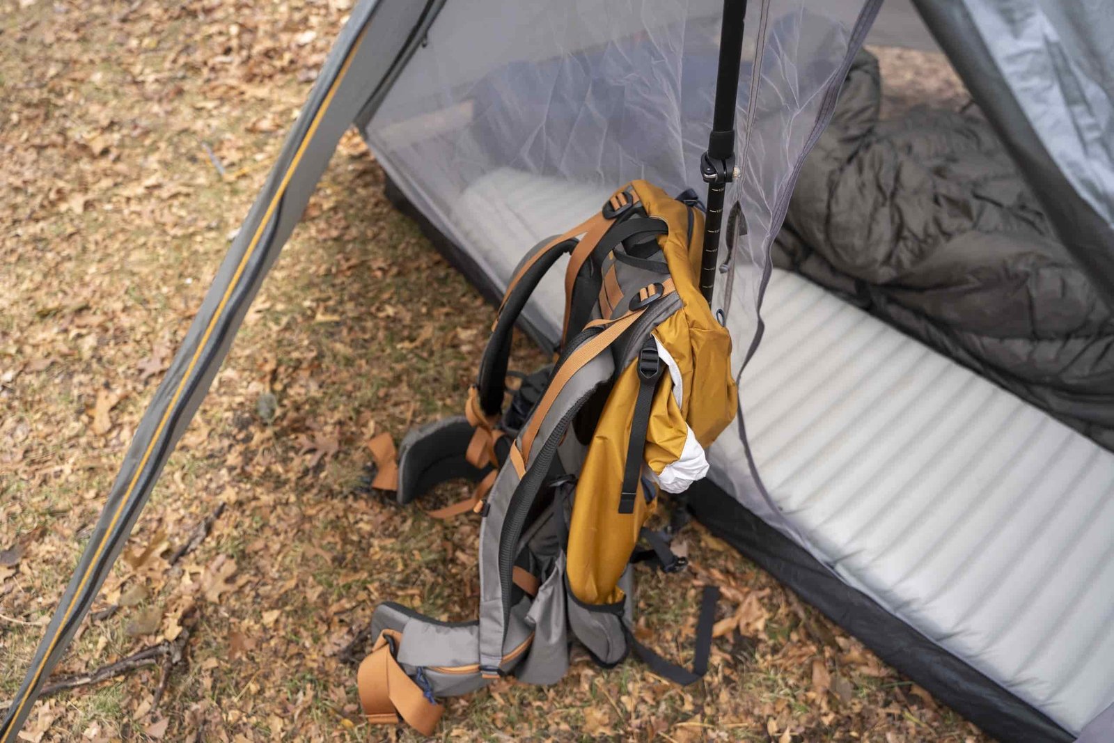 A backpack in a tent vestibule
