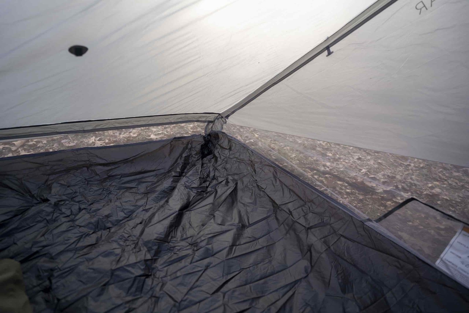 a view of the interior corner of a trekking pole supported tent