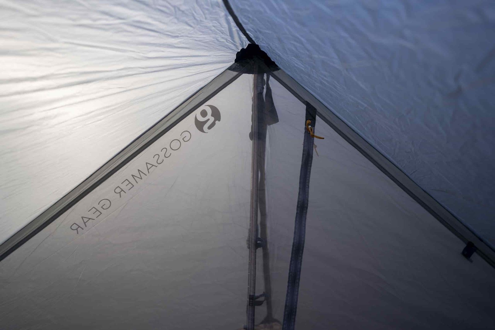 a view of a peak of a trekking pole supported tent from inside