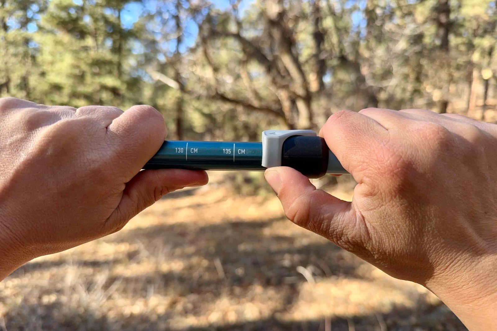 A close up of a hand closing a flick lock with trees in the background.