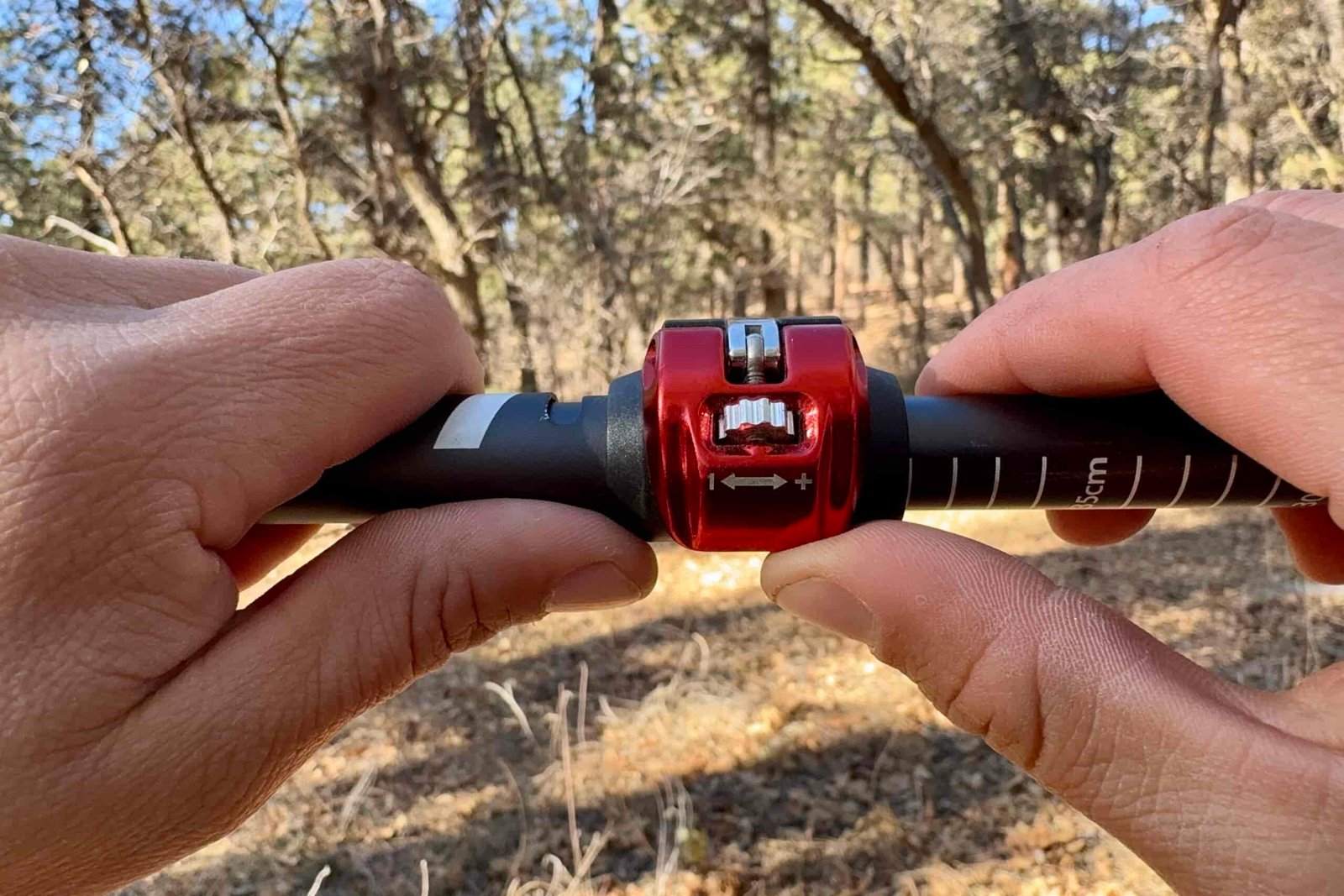 A close up of a the MSR pole's flick lock with built in tensioner. Two hands are holding the pole and there is a forest in the background.