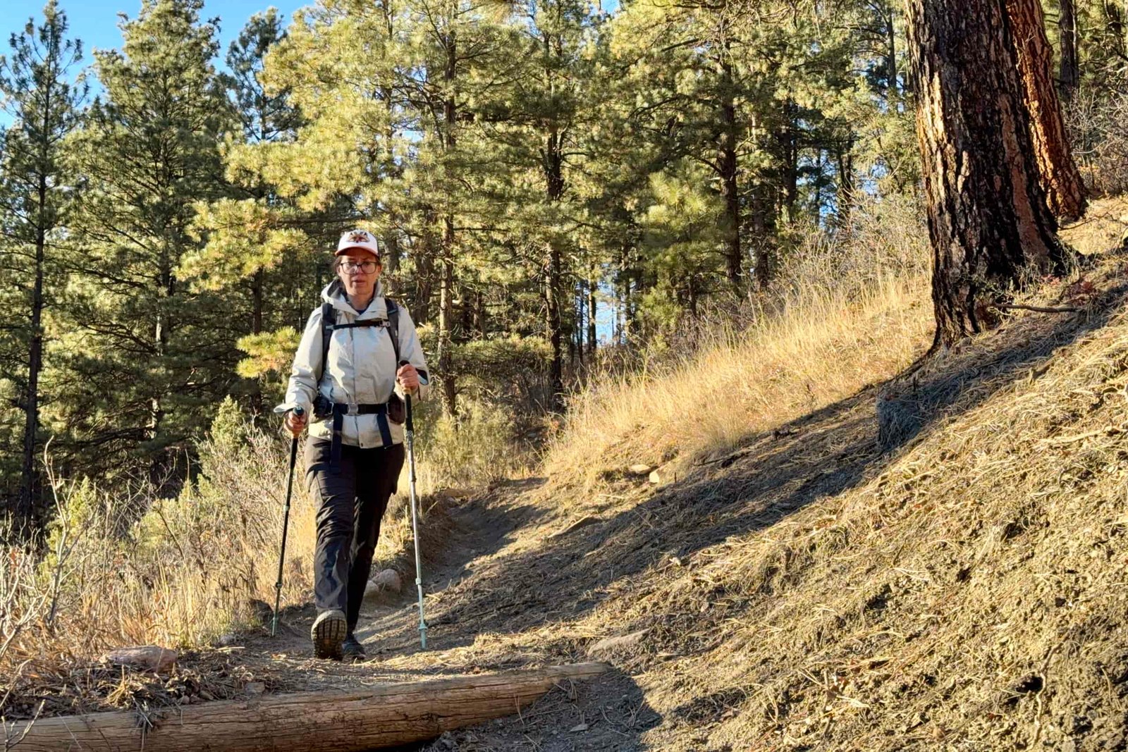 A person wearing a backpack is walking down a trail using trekking poles in a forest.