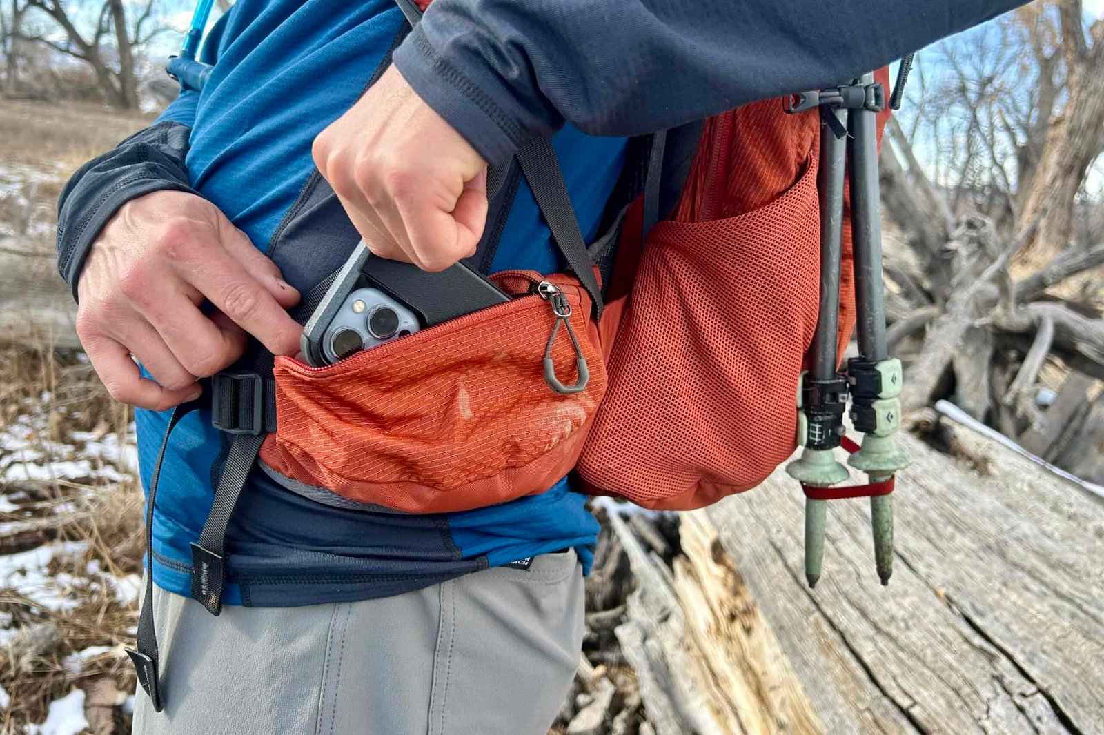 Close up of a waist belt pocket on a backpack.