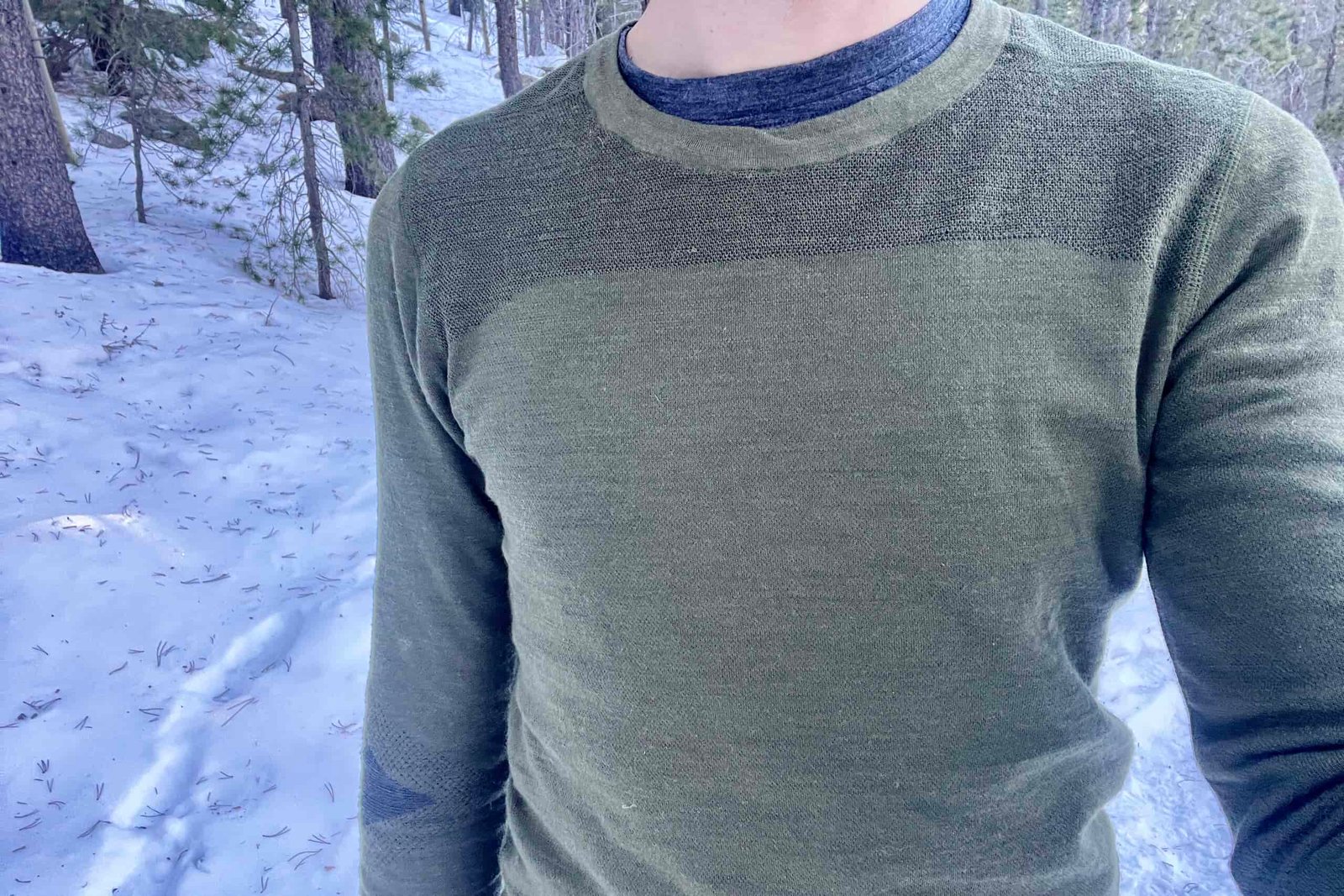 The top half of a man's torso with a snowy, woodsy background.