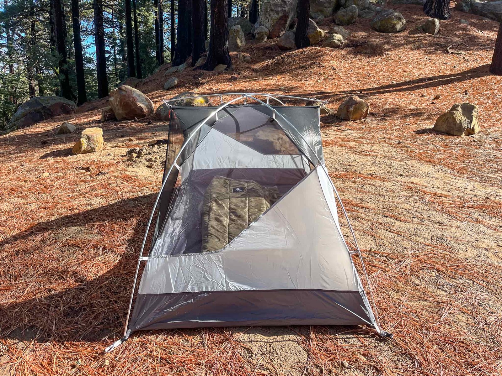 Side profile view of the inner portion of the REI Trail Hut 2 showing the fabric walls, extended ceiling width, and pole structure. Forest and big rocks in the background.