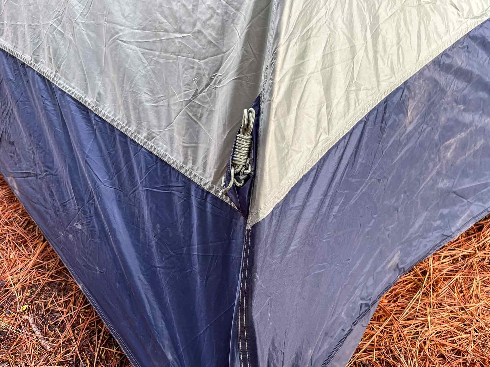Closeup of the extra guy line attachment points and integrated stow pockets on the rainfly.