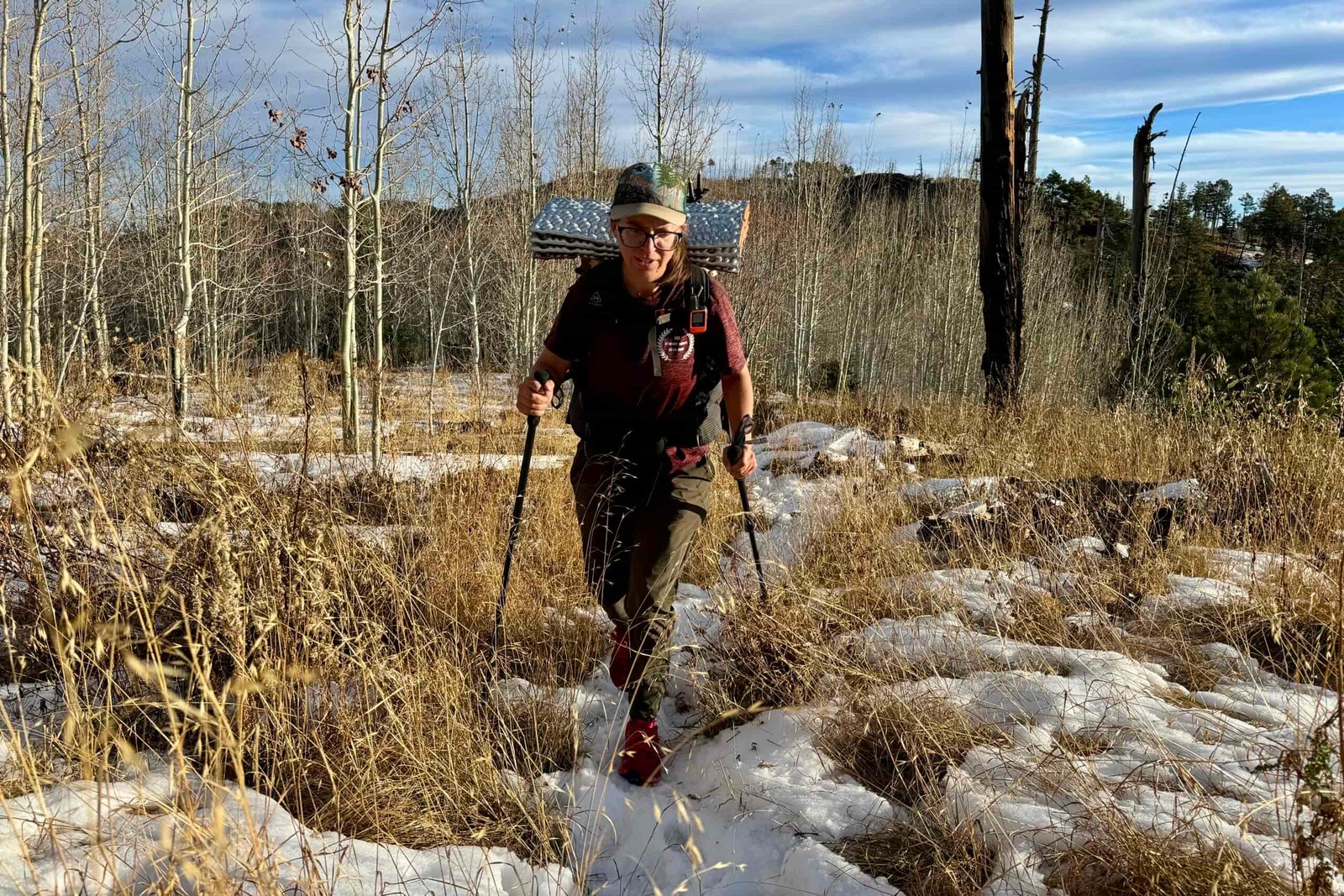A person wearing a backpack is using a pair of trekking poles to walk through snow and grass with trees in the background.