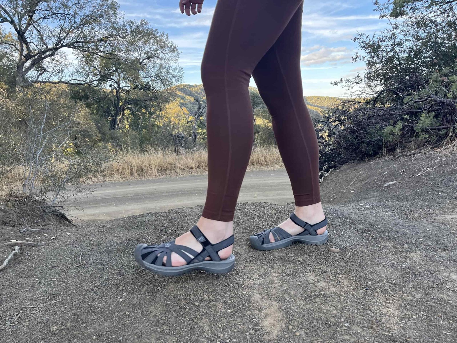 Our tester on a forest road walk in the KEEN Rose sandals.