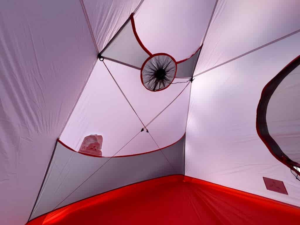 Interior ceiling of the SlingFin CrossBow 2 tent, showing gear loops and mesh ventilation.
