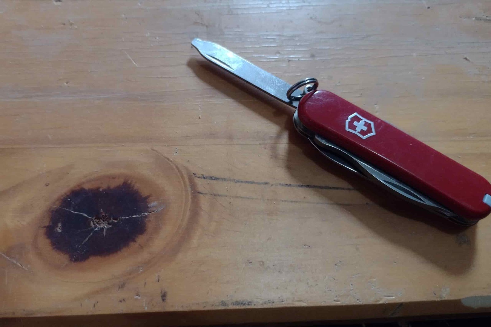 The Victorinox Rambler resting on a board.